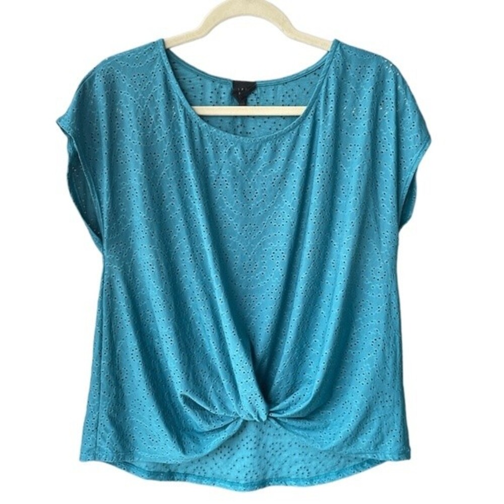 W5 Teal Blue Paisley Tie Cropped T-Shirt Blouse Size XL